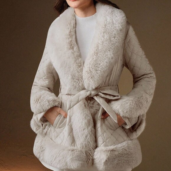 Apricot Casual Women's Elegant Beaded Waist faux Fur Collar jacket coat - Picture 6 of 10